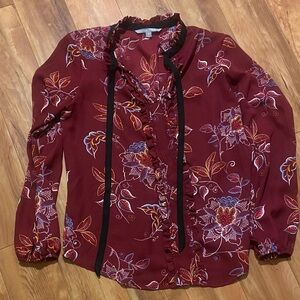 Valerie Stevens Burgundy Floral Blouse with Ruffle Trim